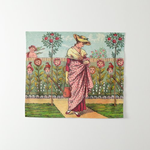 Garden Grow Flower Woman Art Antique Tapestry