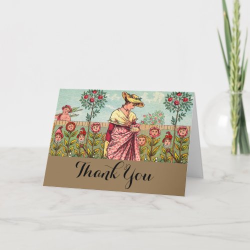 Garden Grow Flower Woman Art Antique Thank You Card