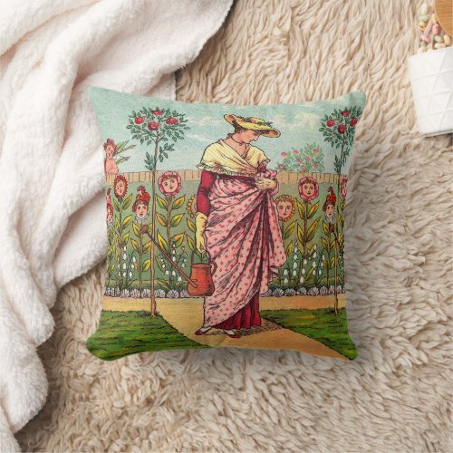 Garden Grow Flower Woman Art Antique Throw Pillow