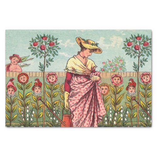 Garden Grow Flower Woman Art Antique Tissue Paper