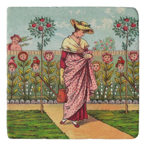 Garden Grow Flower Woman Art Antique Trivet
