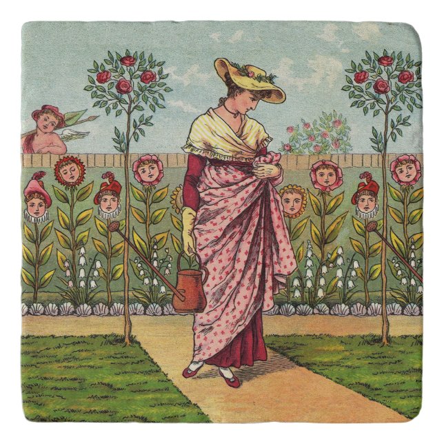 Garden Grow Flower Woman Art Antique Trivet (Front)