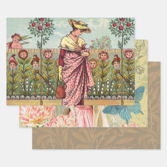 Garden Grow Flower Woman Art Antique Wrapping Paper Sheets (Set)