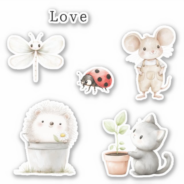 Garden Hedgehog Mouse Cat Dragonfly Ladybug Sticker (Front)