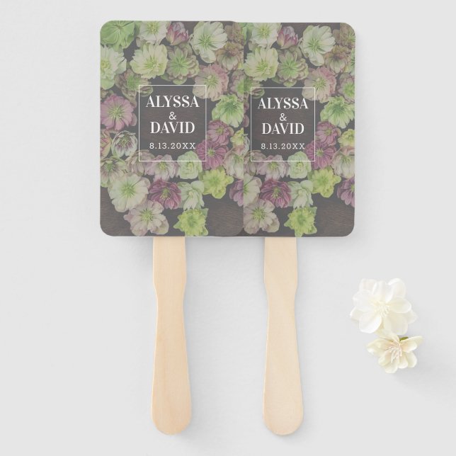 Garden Hellebore Wood and White Wedding Fan (Front and Back)