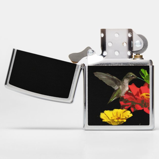 Garden Hummingbird on Red Yellow Zinnia Flowers Zippo Lighter (Opened)