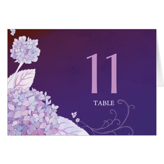 Garden Hydrangeas Plum Wedding Table Number Card (Front Horizontal)