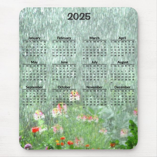 Garden in Rain 2025 Green Floral Calendar Mousepad