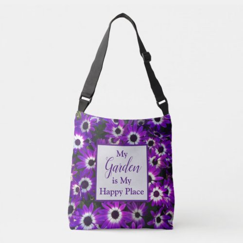 Garden is My Happy Place Bright Purple Flower Crossbody Bag