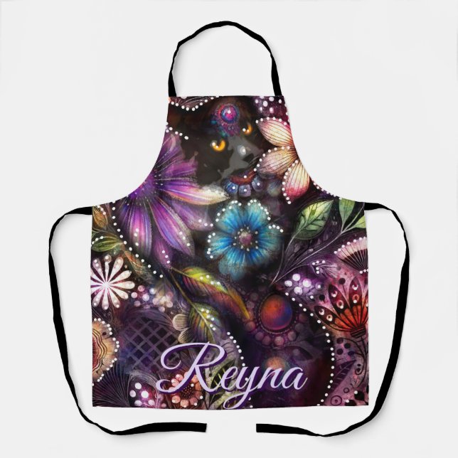 Garden Kitty Cat Floral Abstract Personalized Apron (Front)