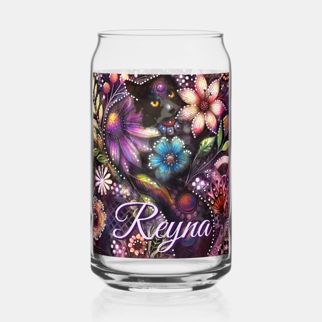Garden Kitty Cat Floral Abstract Personalized Can Glass (Front)