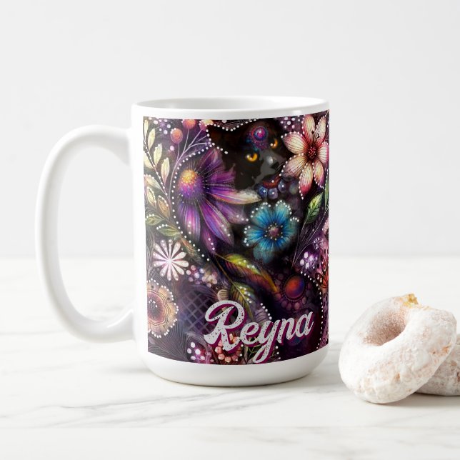 Garden Kitty Cat Floral Abstract Personalized Coffee Mug (With Donut)