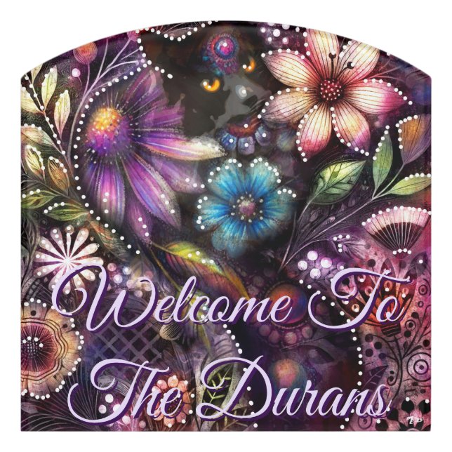 Garden Kitty Cat Floral Abstract Personalized Door Sign (Contour Front)