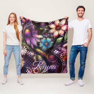 Garden Kitty Cat Floral Abstract Personalized Fleece Blanket