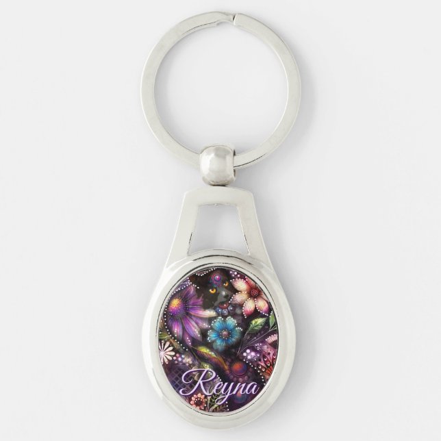 Garden Kitty Cat Floral Abstract Personalized Keychain (Front)