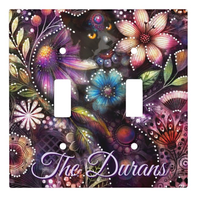 Garden Kitty Cat Floral Abstract Personalized Light Switch Cover (Front)