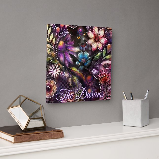 Garden Kitty Cat Floral Abstract Personalized Square Wall Clock (Office)