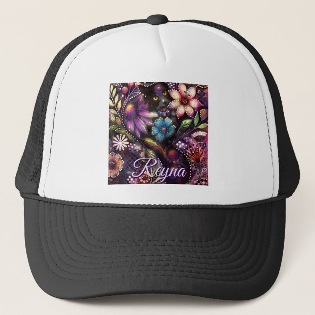 Garden Kitty Cat Floral Abstract Personalized Trucker Hat (Front)