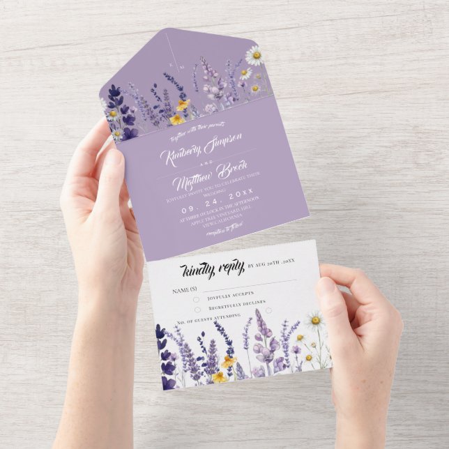 Garden Lavender & Wildflower Rustic Wedding  All In One Invitation (Tearaway)