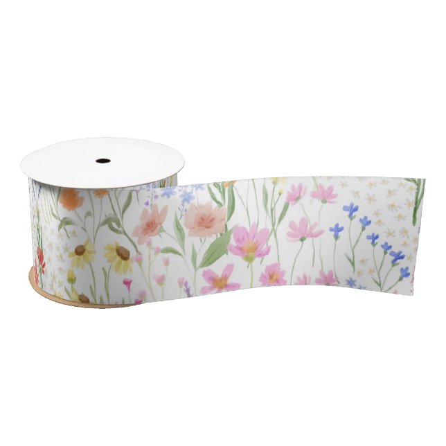 Garden light Background Wildflowers Floral Pattern Satin Ribbon (Spool)