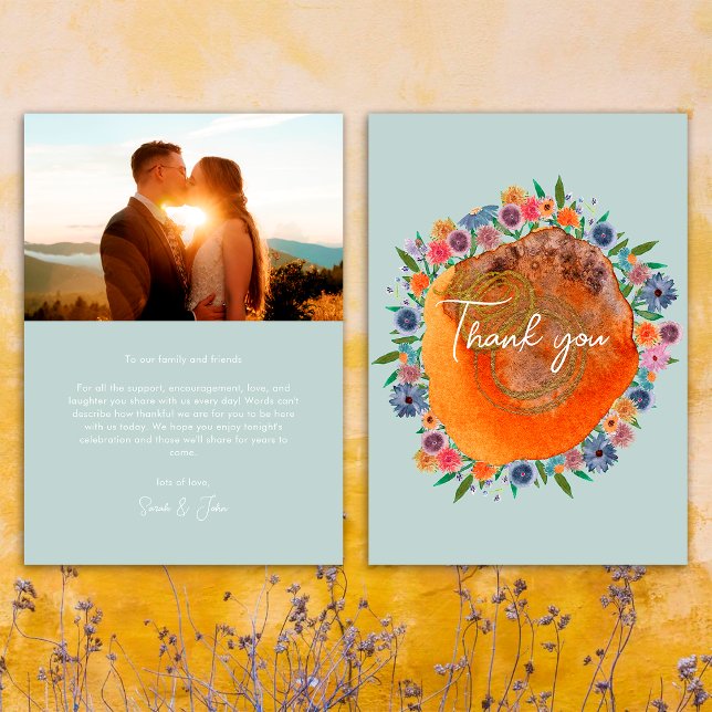 Garden Light Blue Boho Wildflower Photo Wedding Thank You Card (Front/Back)