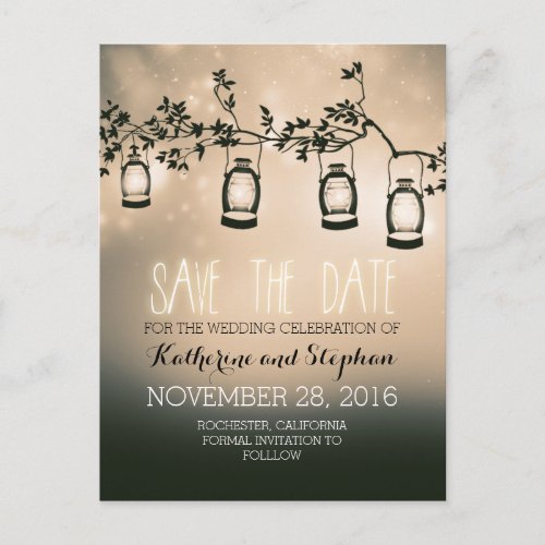garden lights - lanterns rustic save the date announcement postcard - romantic, brown and rustic save the date postcards with garden lights - oil lanterns hanging on the tree branch. Perfect save the date for rustic country wedding theme. Unique night lights wedding suite and trendy whimsical stationary.