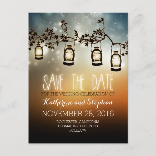 garden lights - lanterns rustic save the date announcement postcard - romantic and rustic save the date postcards with garden lights - oil lanterns hanging on the tree branch. Perfect save the date for rustic country wedding theme. Unique night lights wedding suite and trendy whimsical stationary.