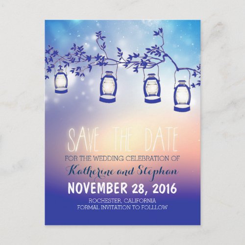 garden lights - lanterns rustic save the date announcement postcard - romantic, blue and rustic save the date postcards with garden lights - oil lanterns hanging on the tree branch. Perfect save the date for rustic country wedding theme. Unique night lights wedding suite and trendy whimsical stationary.