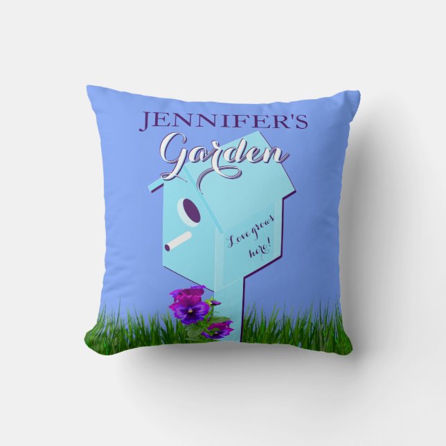 Garden "Love grows here!" Birdhouse Pansies Throw Pillow (Front)