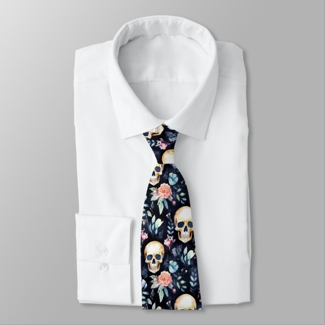 Garden of Bones Business Neck Tie Skulls and Roses (Tied)