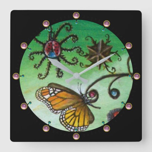 GARDEN OF MELISSA Magic Butterfly LadybugGreen Square Wall Clock