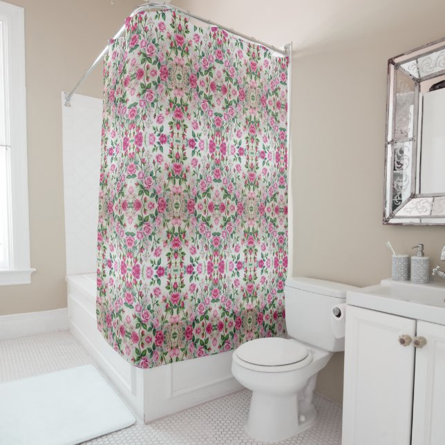 Garden of Pink Roses Tiled Shower Curtain (In Situ)
