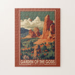 Garden of the Gods Colorado Springs Travel Vintage Jigsaw Puzzle<br><div class="desc">Garden of the Gods vector design. Located at the base of Pikes Peak,  this National Natural Landmark and popular park features stunning geological formations,  rock climbing,  and nature trails.</div>