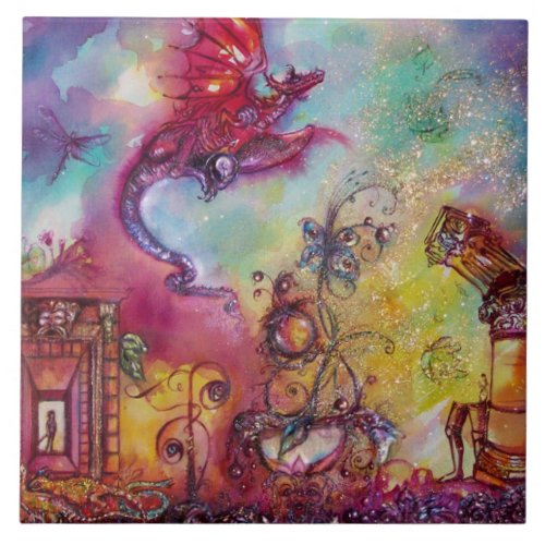 GARDEN OF THE LOST SHADOWS FLYING RED DRAGON CERAMIC TILE