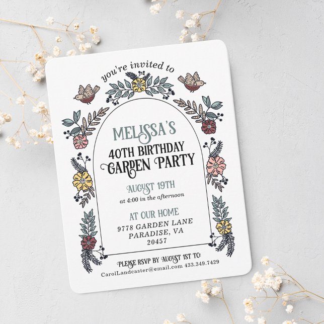 Garden Party 40th Birthday Invitation (Pretty floral arch garden party birthday invitation.)