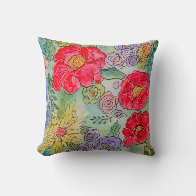 Garden Party Bloom Watercolor Floral Throw Pillow (Front)