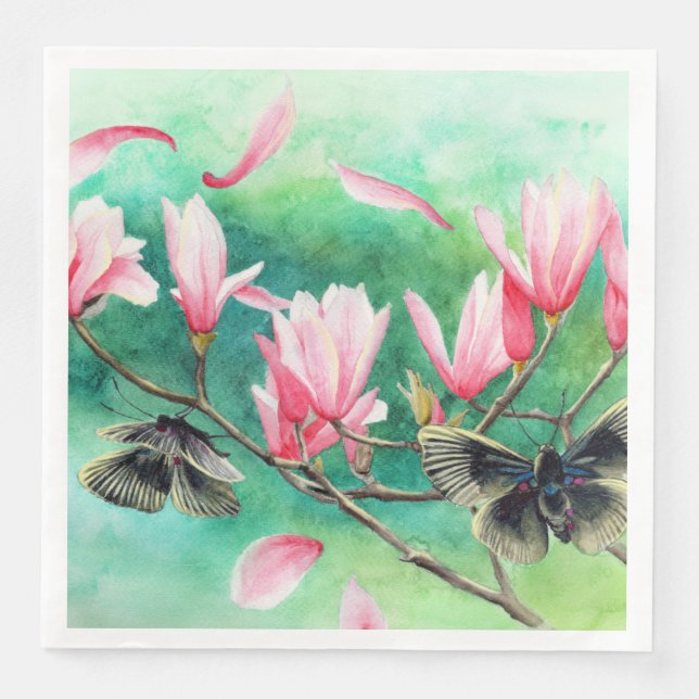 Garden Party! Butterflies on Pink Floral  Paper Dinner Napkins (Front)