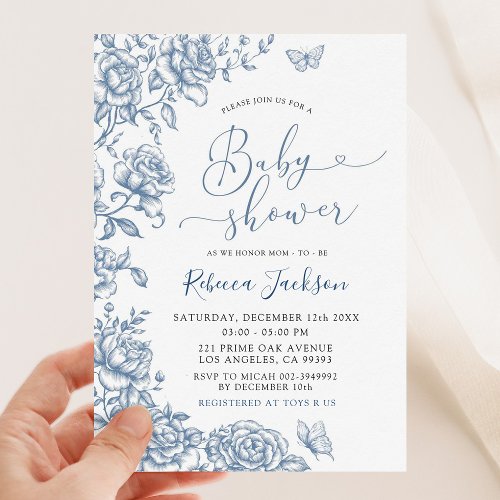Garden Party Dusty Blue Chinoiserie Baby Shower Invitation