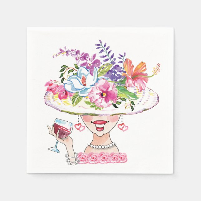 Garden Party Flower Hat Lady _Red Wine  Napkins (Front)