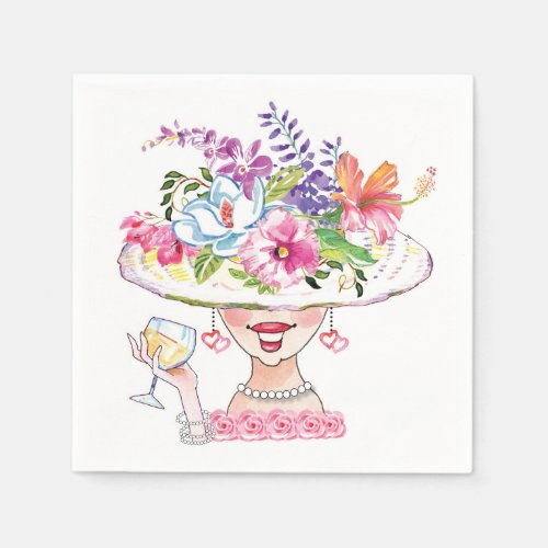 Garden Party Flower Hat Lady _White Wine Napkins
