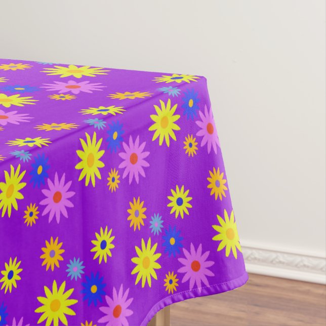 Garden Party Funky Retro 70s Flower Print Purple Tablecloth (In Situ)