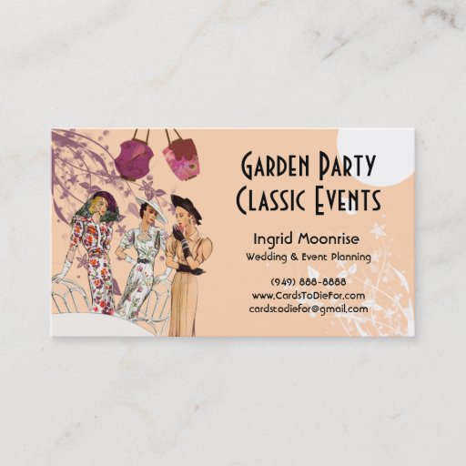 Customizable Garden Party in Peach and Plum Business Card Templates