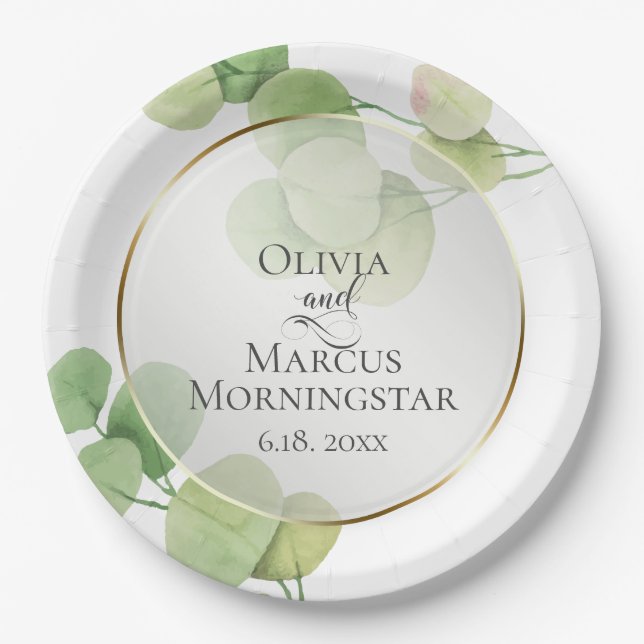 Garden Party Modern Springtime Eucalyptus Paper Plates (Front)