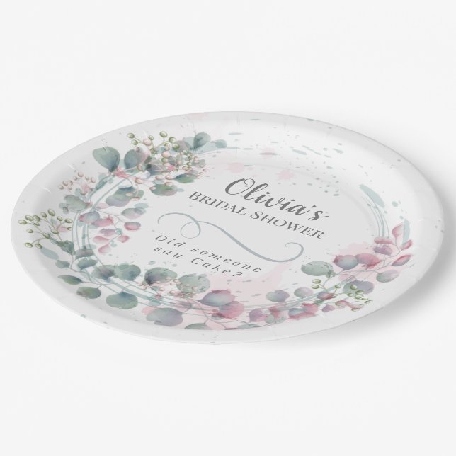 Garden Party Pink and Green  Eucalyptus Paper Plates (Angled)