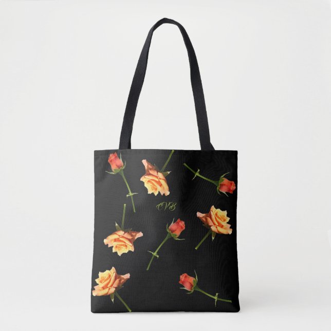 "Garden Party" Roses All Over Print Tote Black Gr (Front)