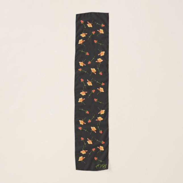 "Garden Party" Roses Long Chiffon Scarf Black (Front)