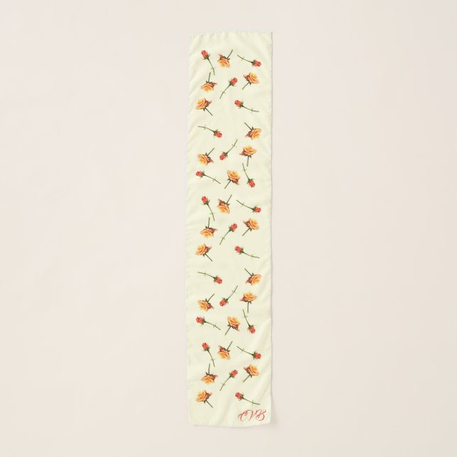 "Garden Party" Roses Long Chiffon Scarf Cream (Front)