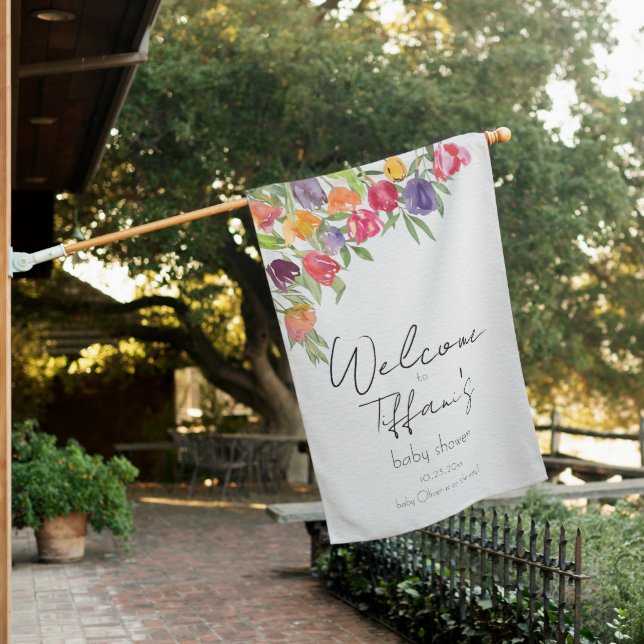Garden Party Tulips and Greenery Baby Shower House Flag (In SItu)