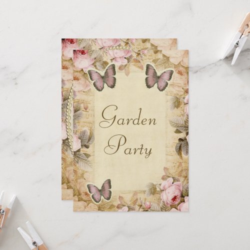 Garden Party Vintage Pearls Lace Roses Butterfly Invitation