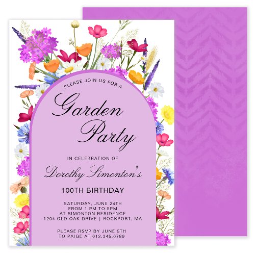 Garden Party Watercolor Wildflower 100th Birthday  Invitation